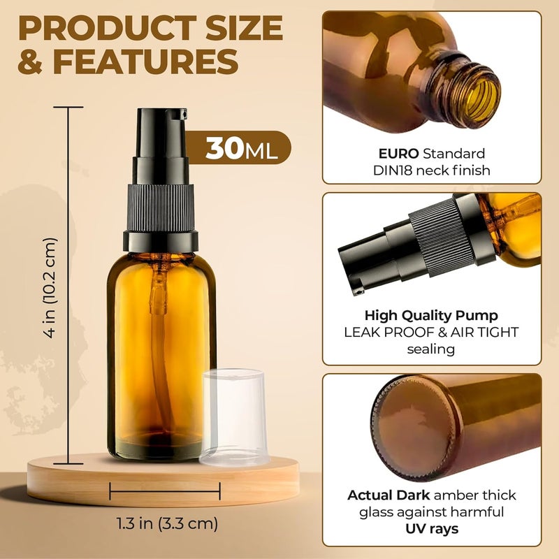 VitalUp 3 Pack Empty Refillable Glass Amber Pump Bottle Ideal for Lotion Cream Essential Oil Travel Small Container, 30ml - Image 2